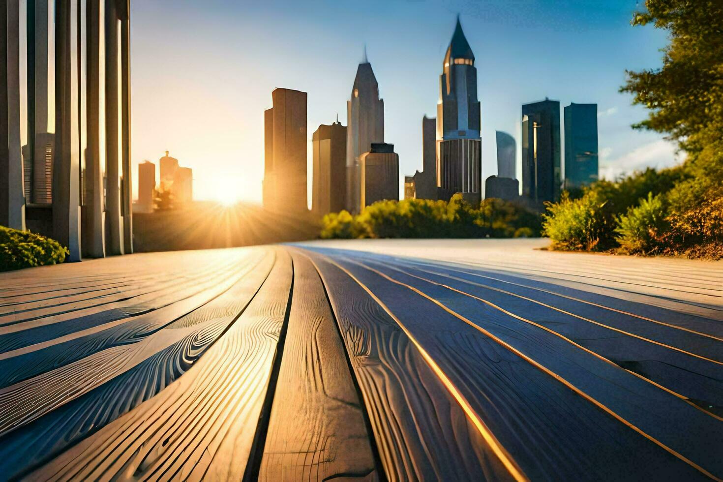 a wooden walkway in front of a city skyline. AI-Generated photo