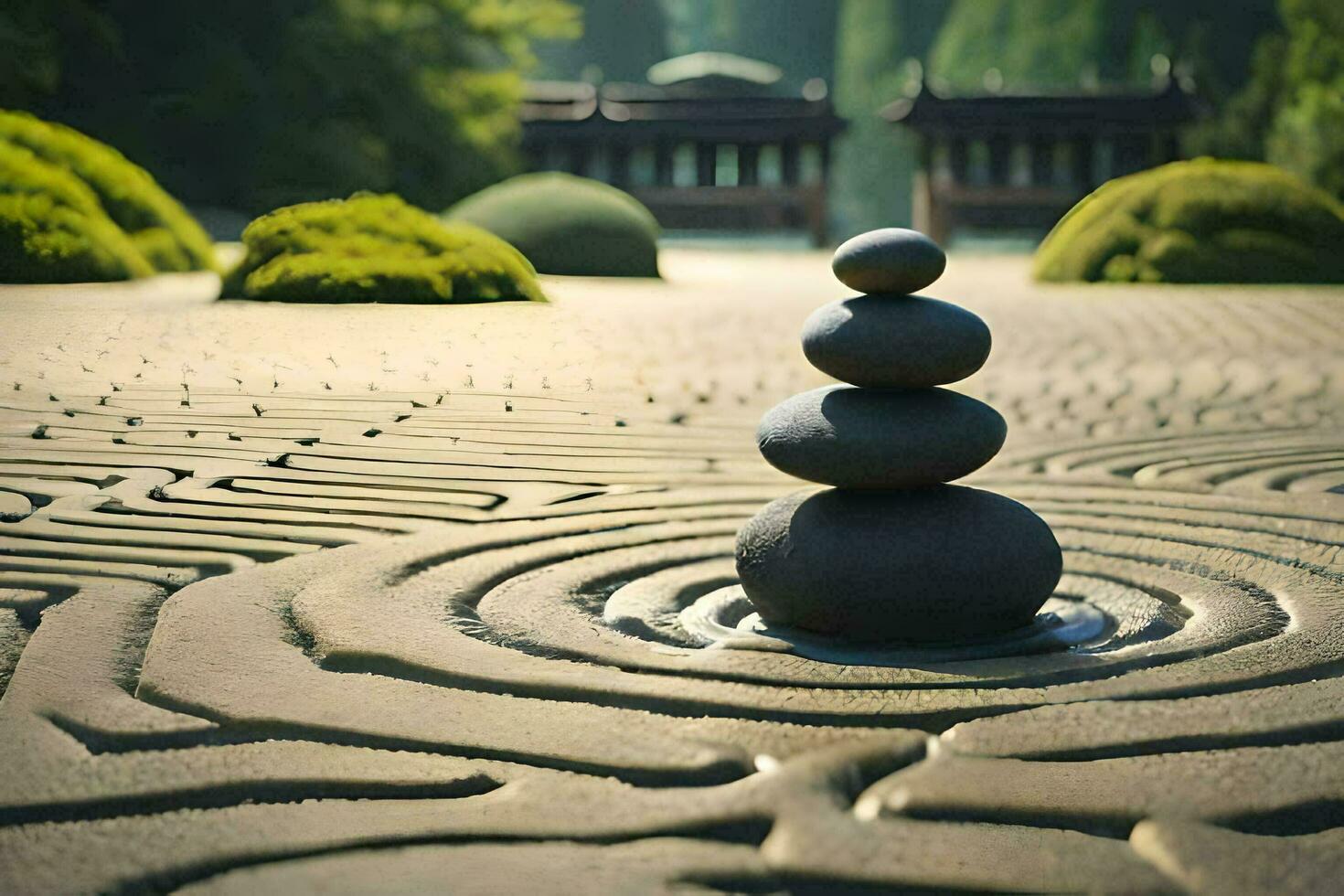 a stone labyrinth in the middle of a garden. AI-Generated photo