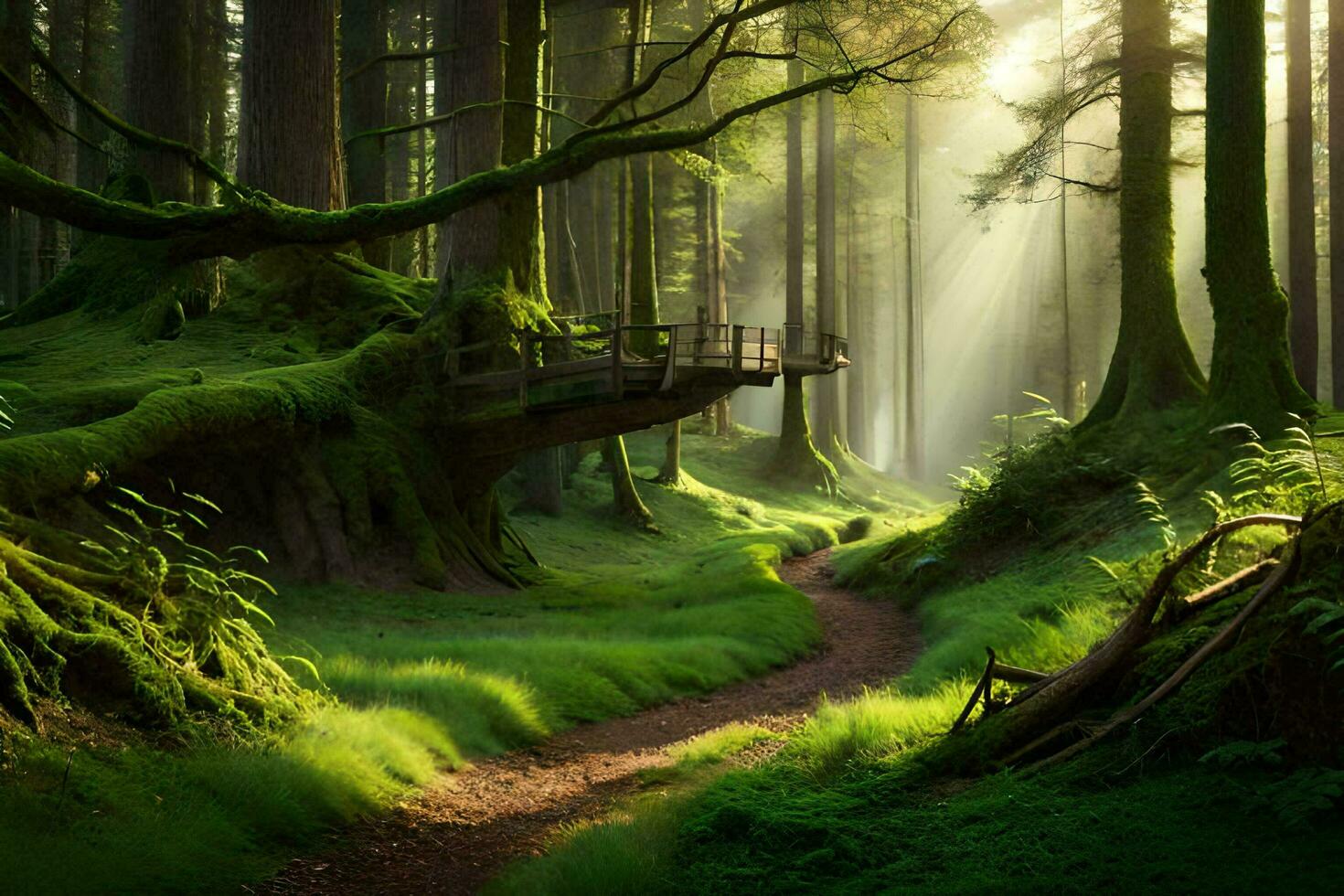 a path through a forest with trees and sunbeams. AI-Generated photo