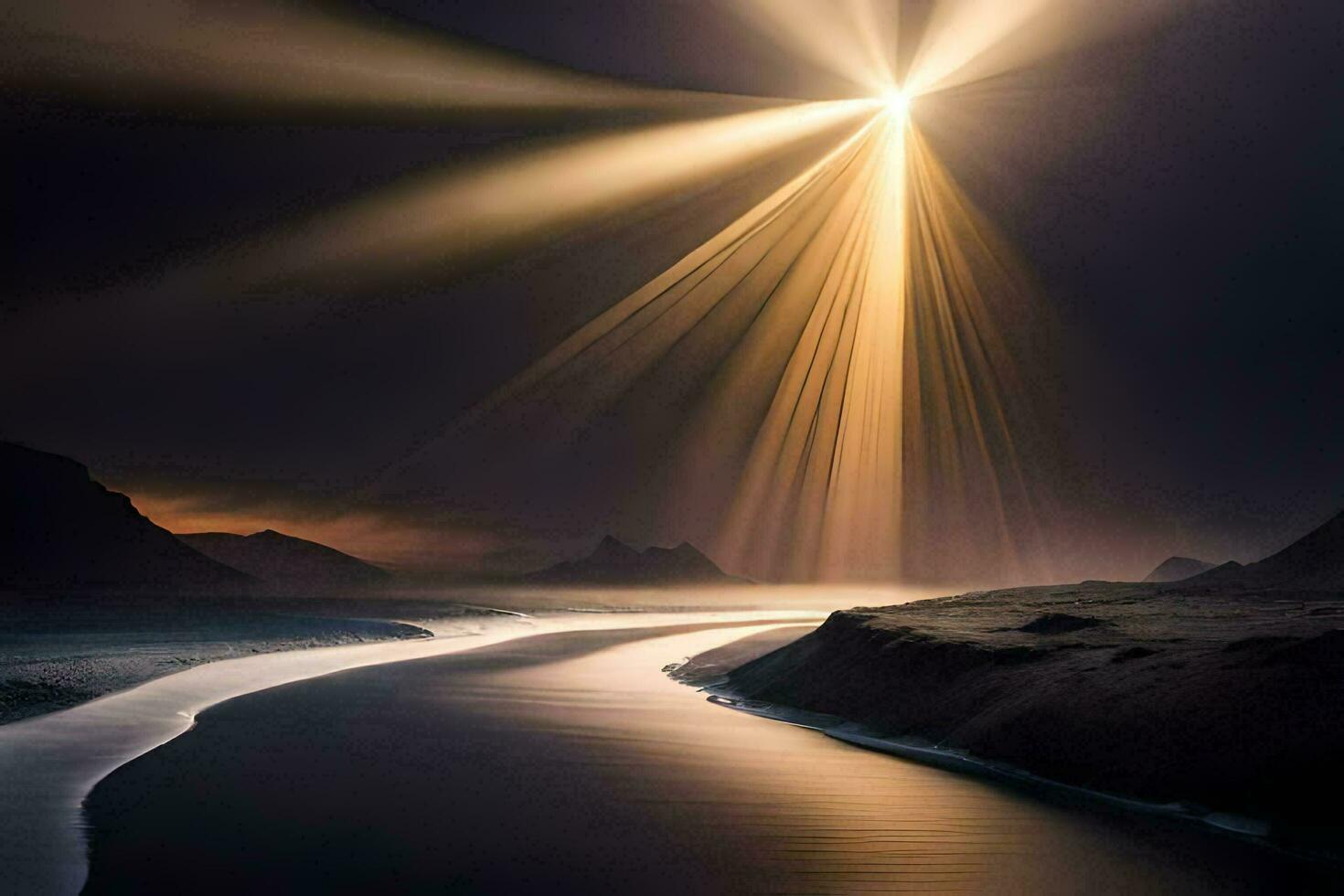 a bright light shines over a river in the dark. AI-Generated photo