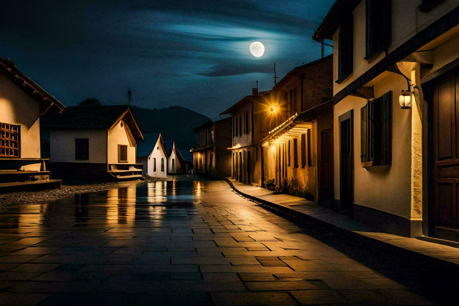 a street at night with a full moon. AI-Generated photo