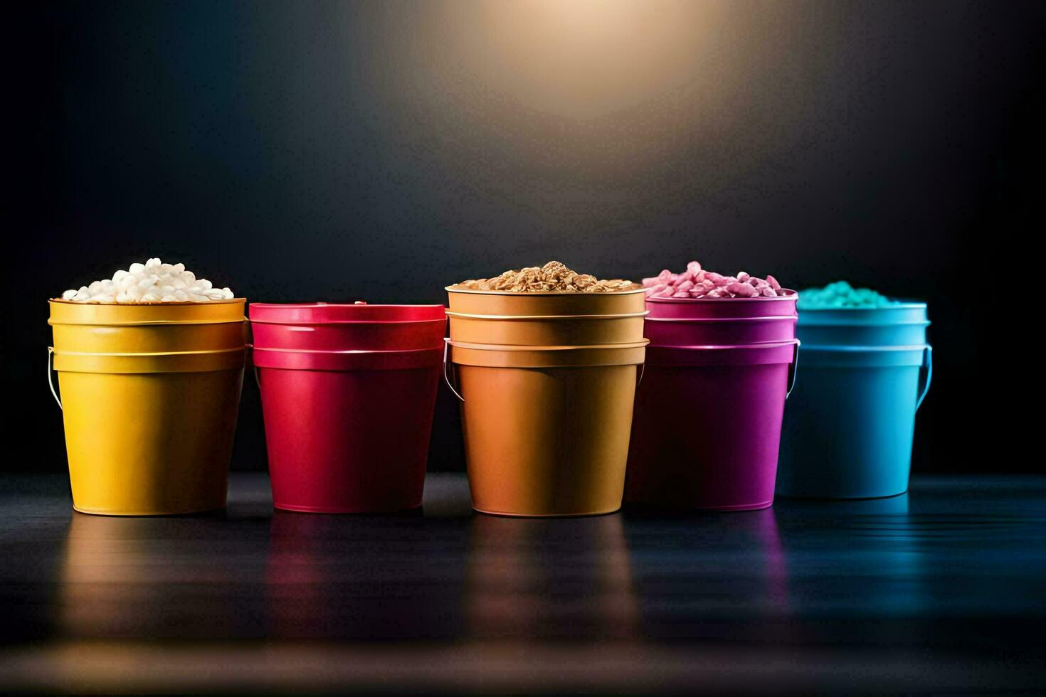 colorful buckets of different colored sugar on a dark background. AI-Generated photo