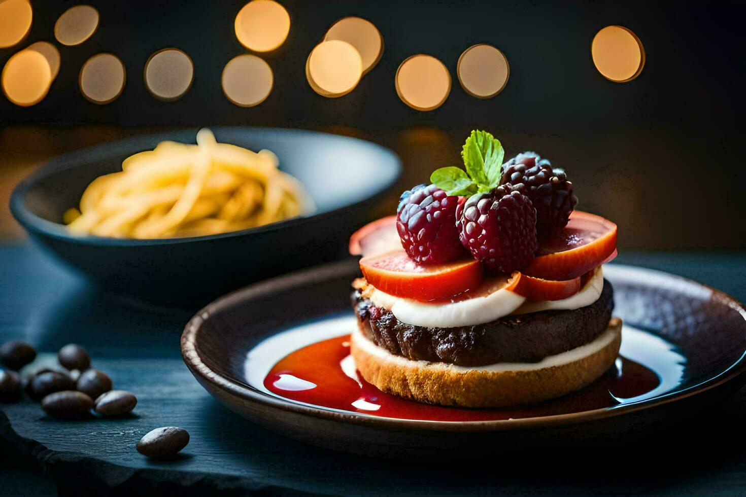 a dessert with berries and cream on a plate. AI-Generated photo