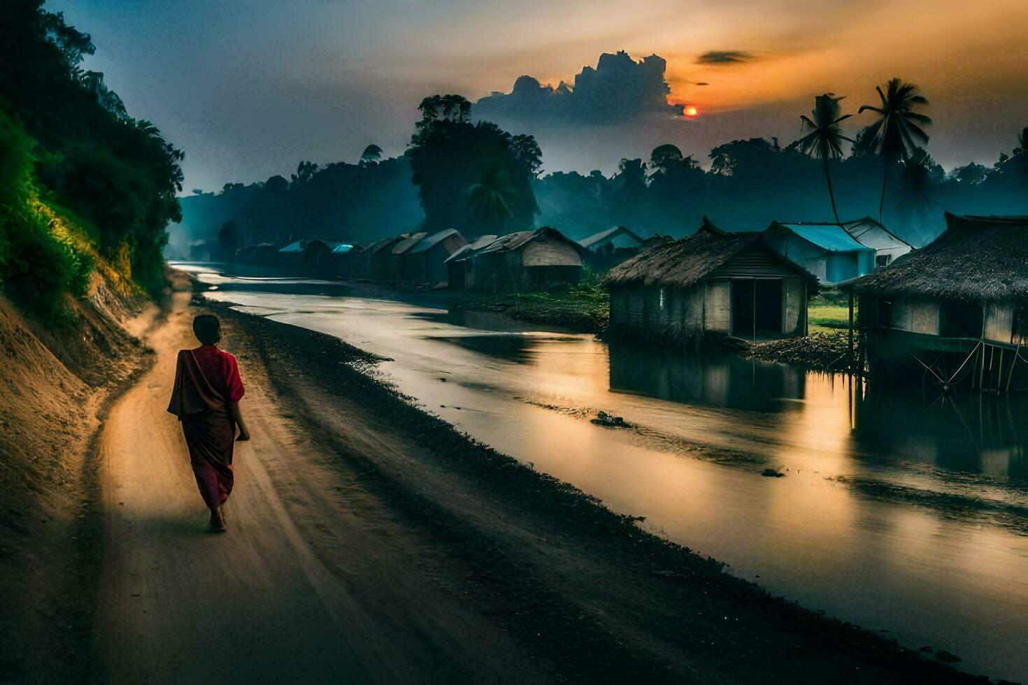 a monk walks along the road at sunset. AI-Generated photo
