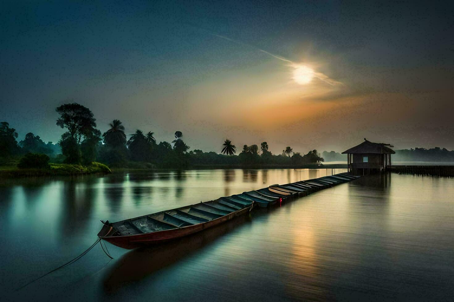 un barco se sienta en el agua a puesta de sol. generado por ai foto