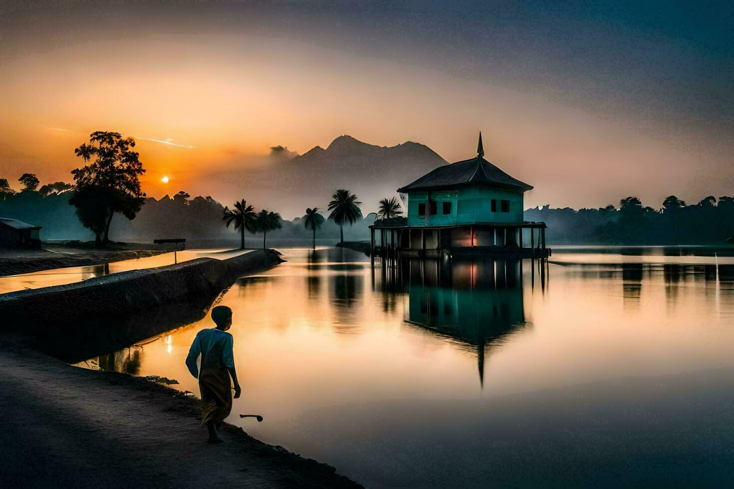 a man walks along the shore of a lake at sunrise. AI-Generated photo