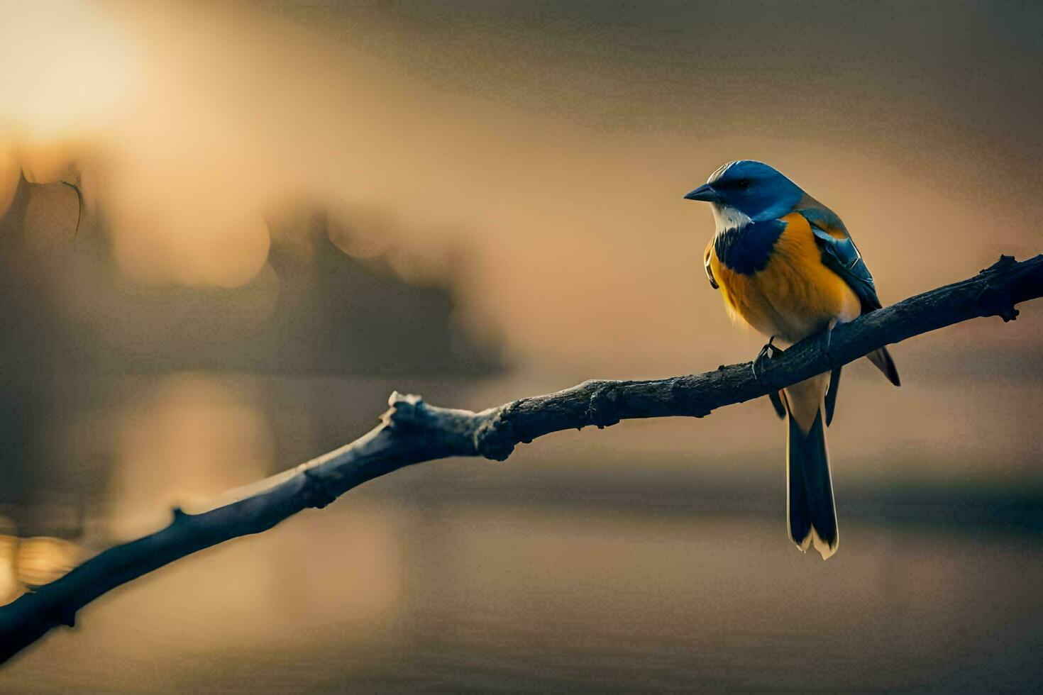 a blue and yellow bird sits on a branch. AI-Generated photo