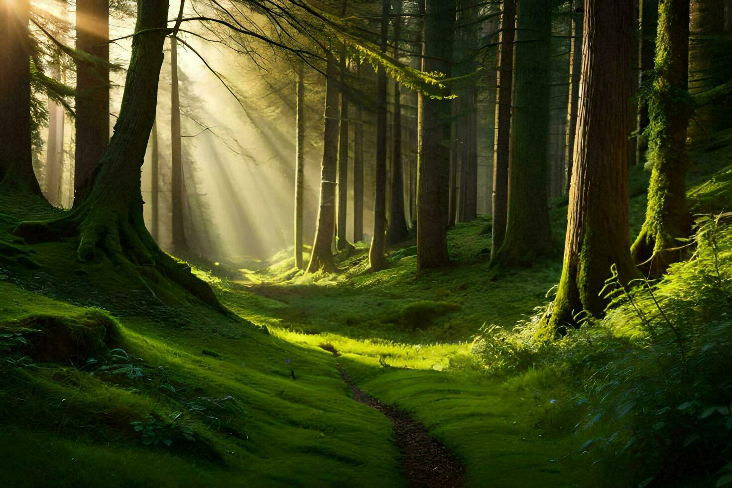 a path through a forest with sunlight shining through the trees. AI-Generated photo