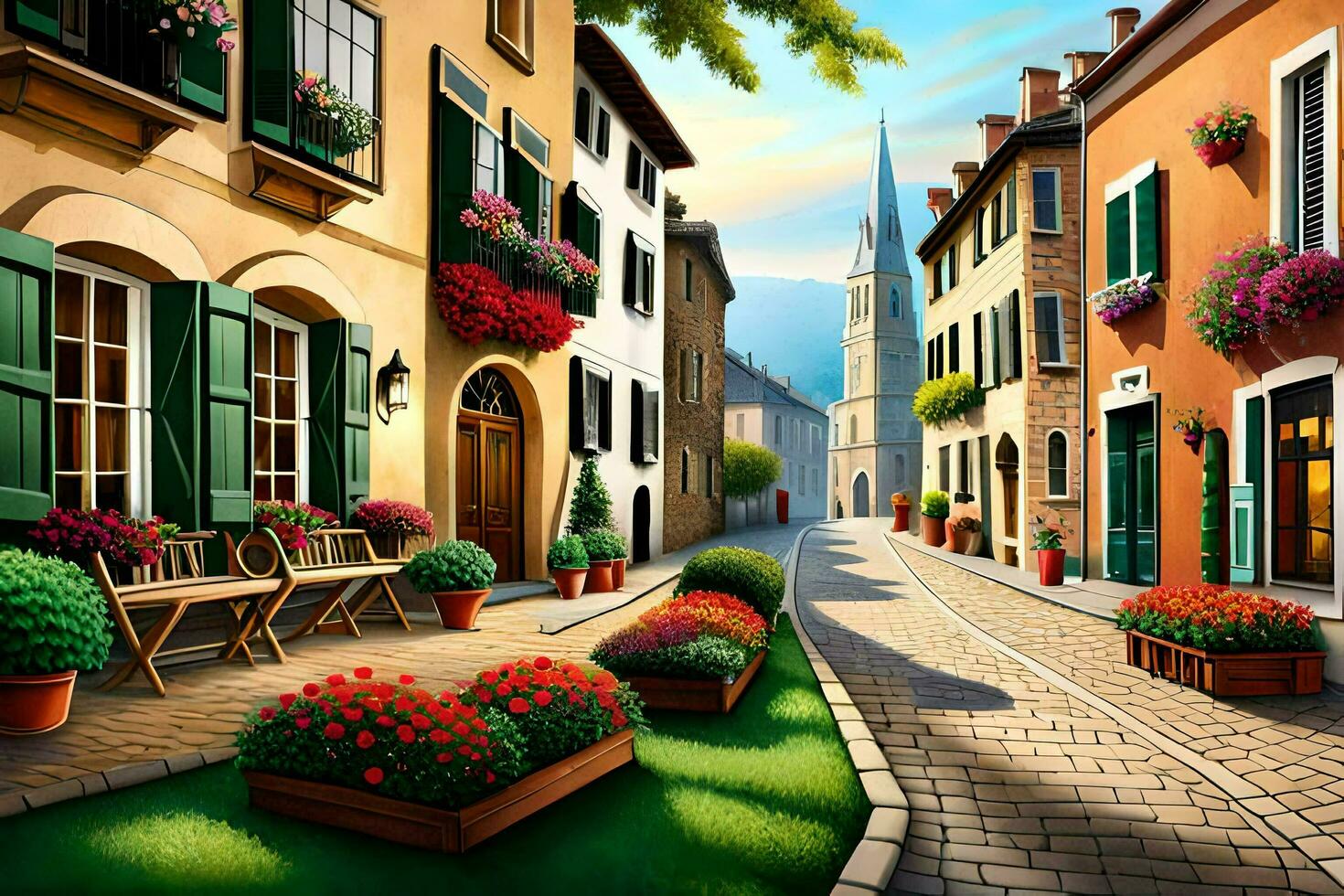 a painting of a street with flowers and plants. AI-Generated photo