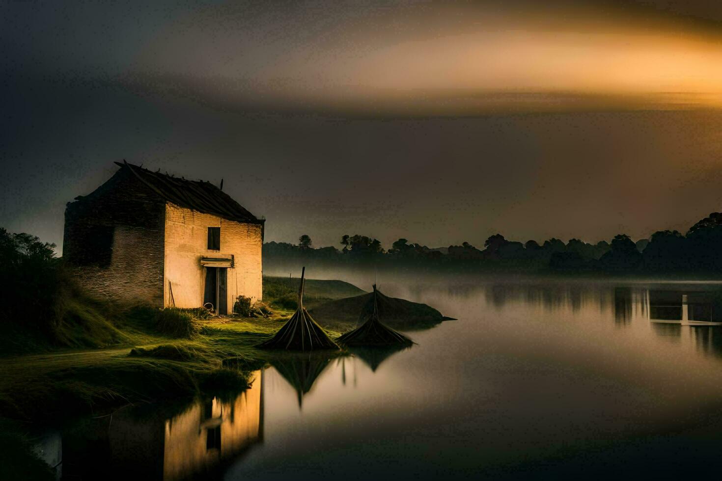 a small house sits on the edge of a lake at sunset. AI-Generated photo