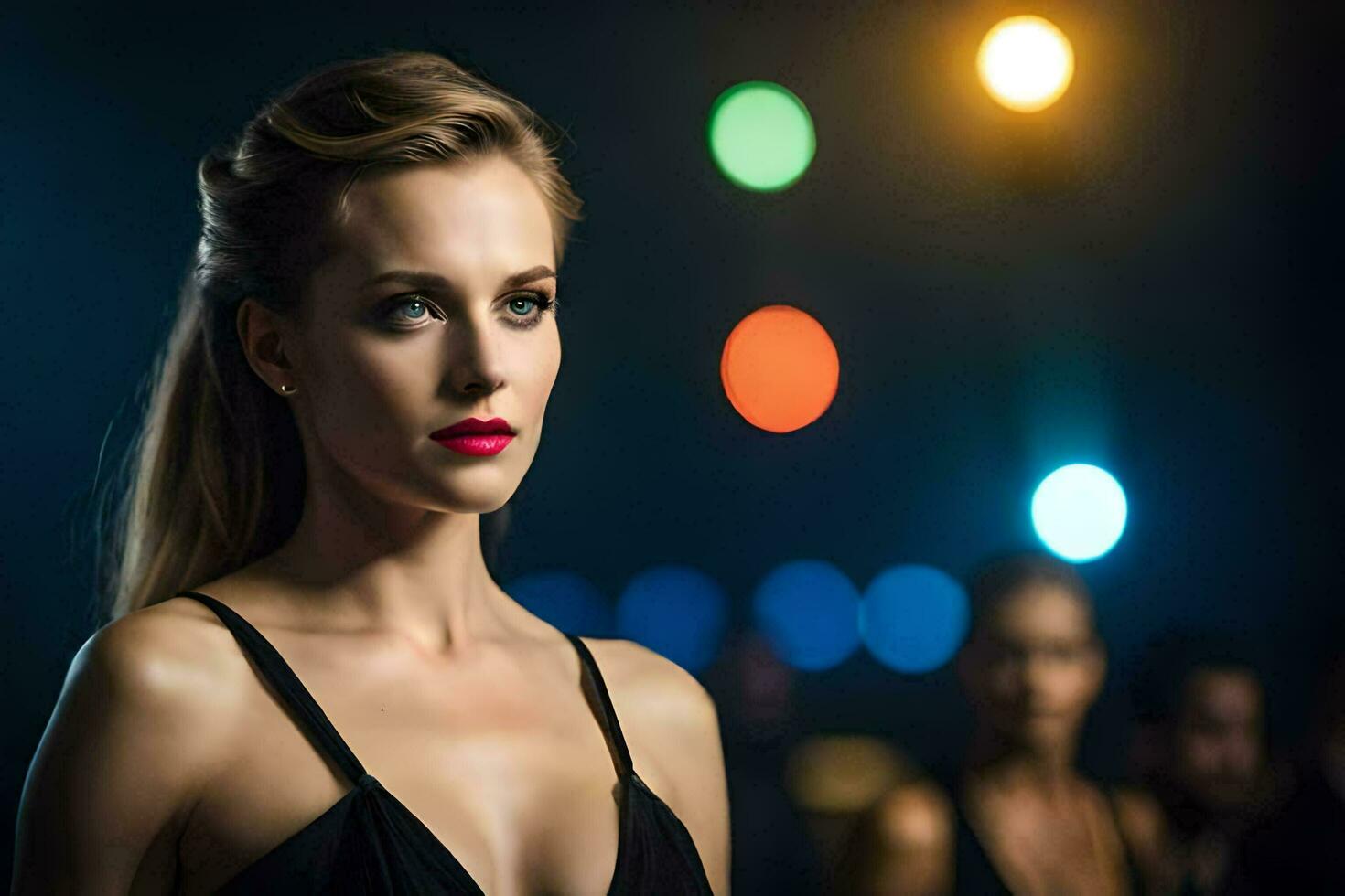 a woman in a black dress with bright lights behind her. AI-Generated photo
