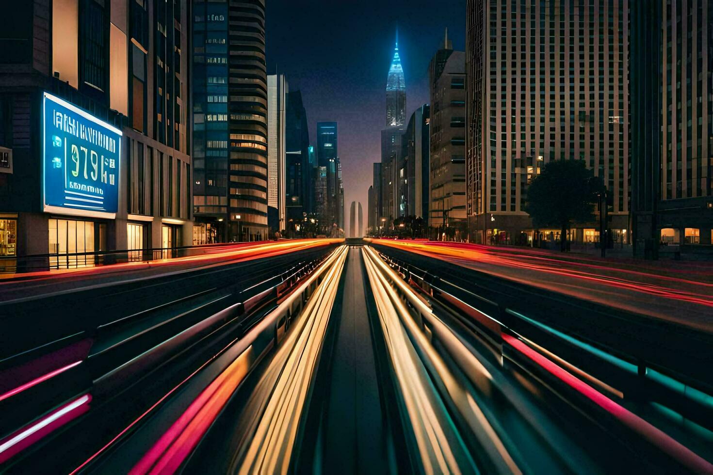 a city street at night with light trails. AI-Generated photo