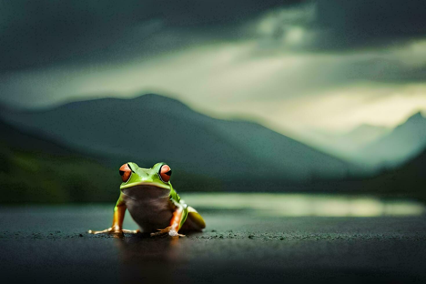 a frog sitting on the ground in front of a lake. AI-Generated photo
