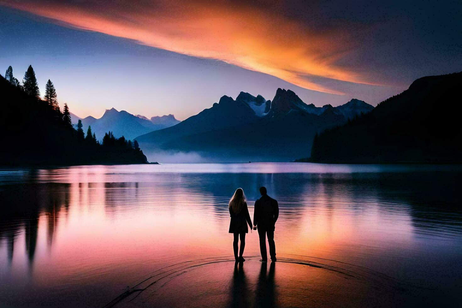 un Pareja en pie en el apuntalar de un lago a puesta de sol. generado por ai foto