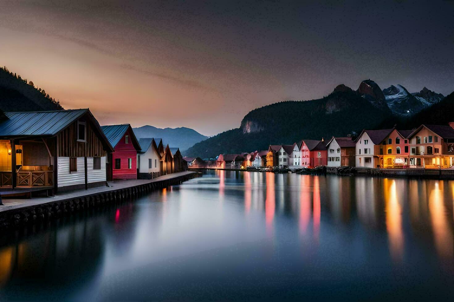 colorful houses line the water at dusk in a town. AI-Generated photo
