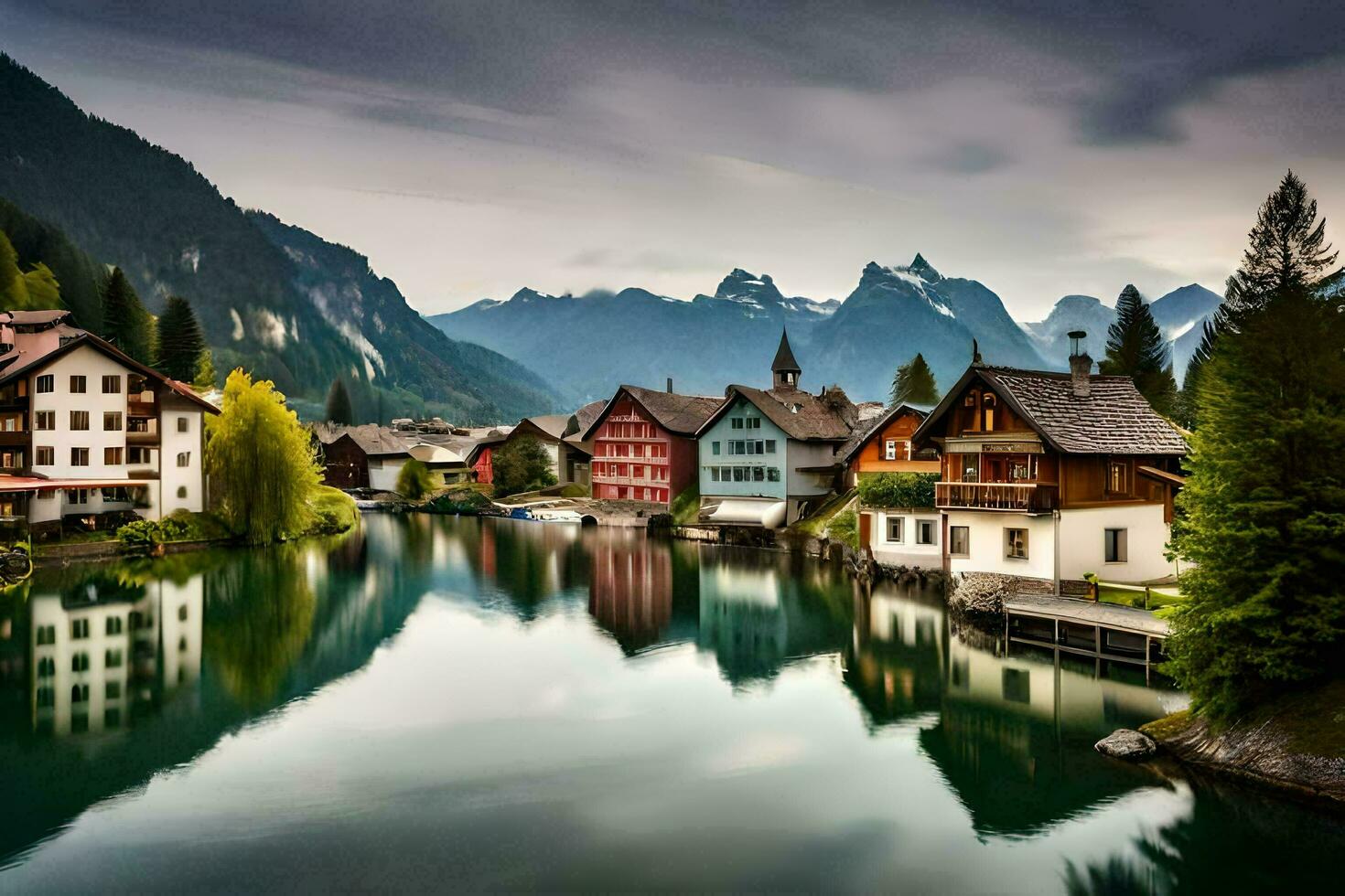 a river runs through a town in the mountains. AI-Generated photo