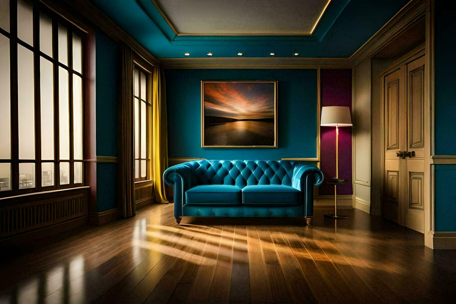 blue sofa in a room with wood floors and a painting. AI-Generated photo