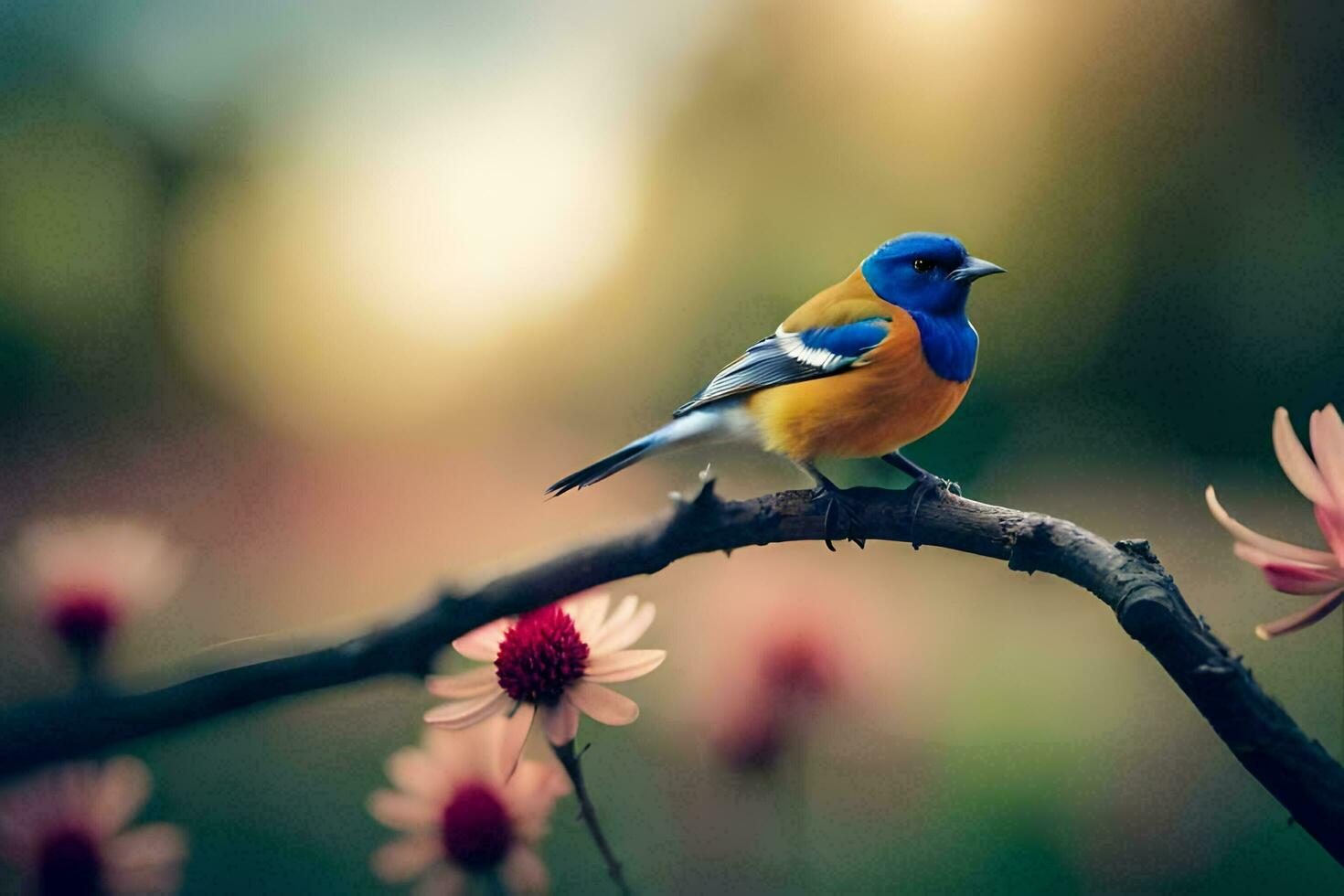 a blue and yellow bird is perched on a branch. AI-Generated photo
