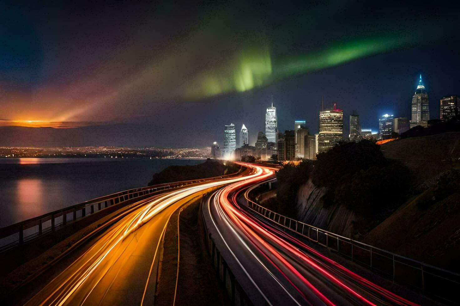 the aurora lights are seen over the city skyline. AI-Generated photo