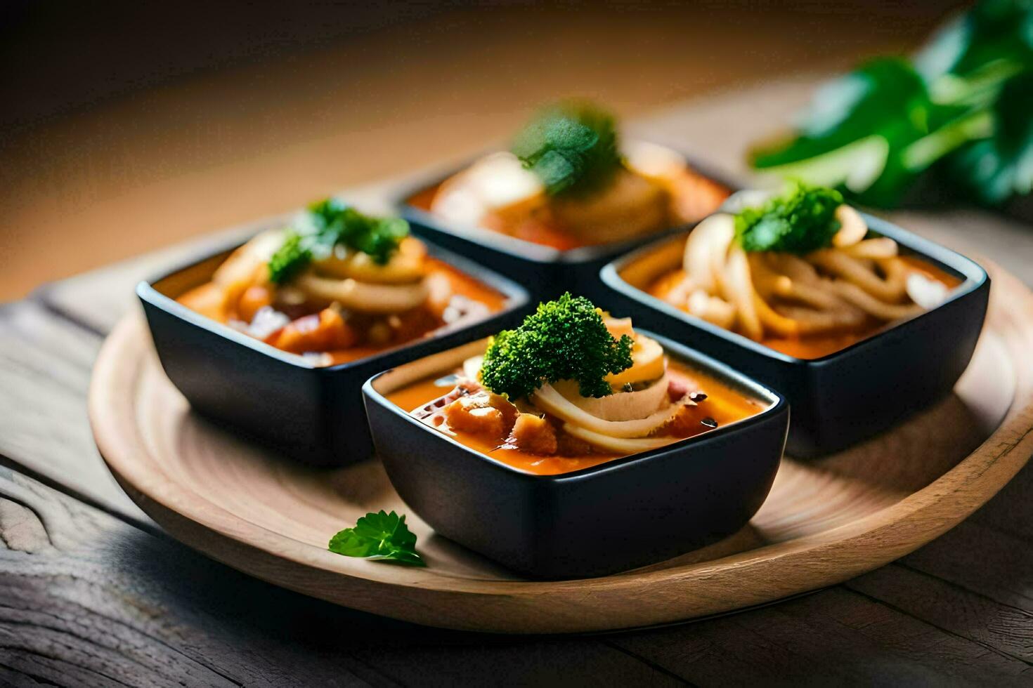 four small bowls with food on a wooden table. AI-Generated photo