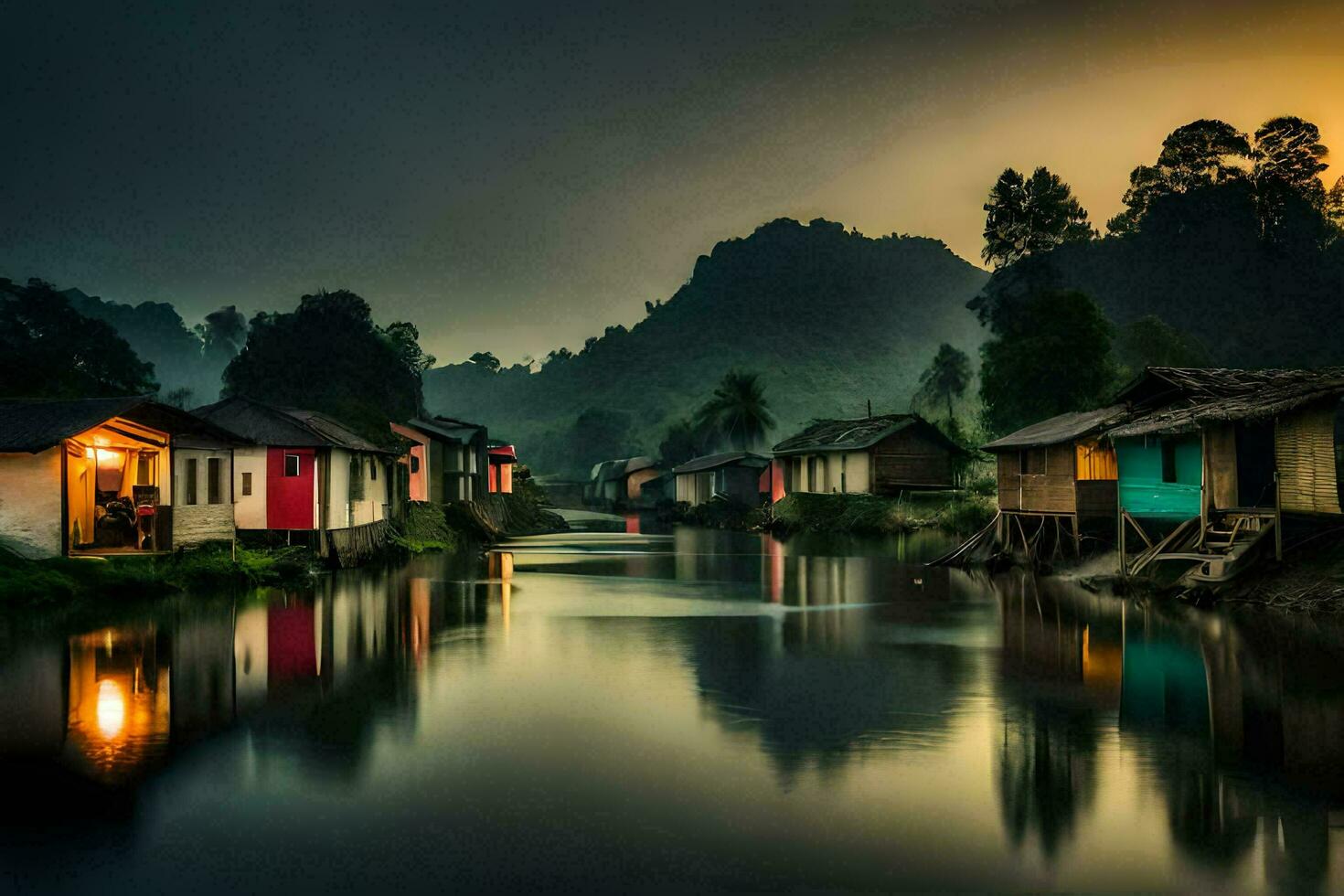 a river in the mountains with houses on the banks. AI-Generated photo