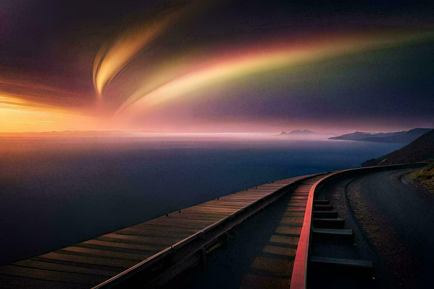 a rainbow over the ocean and a road. AI-Generated photo