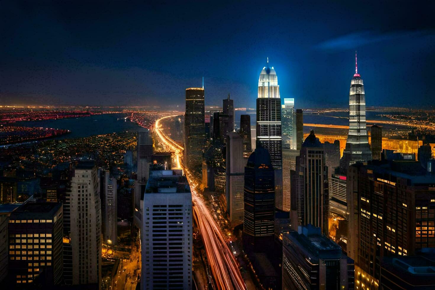 the city skyline at night with traffic lights. AI-Generated photo
