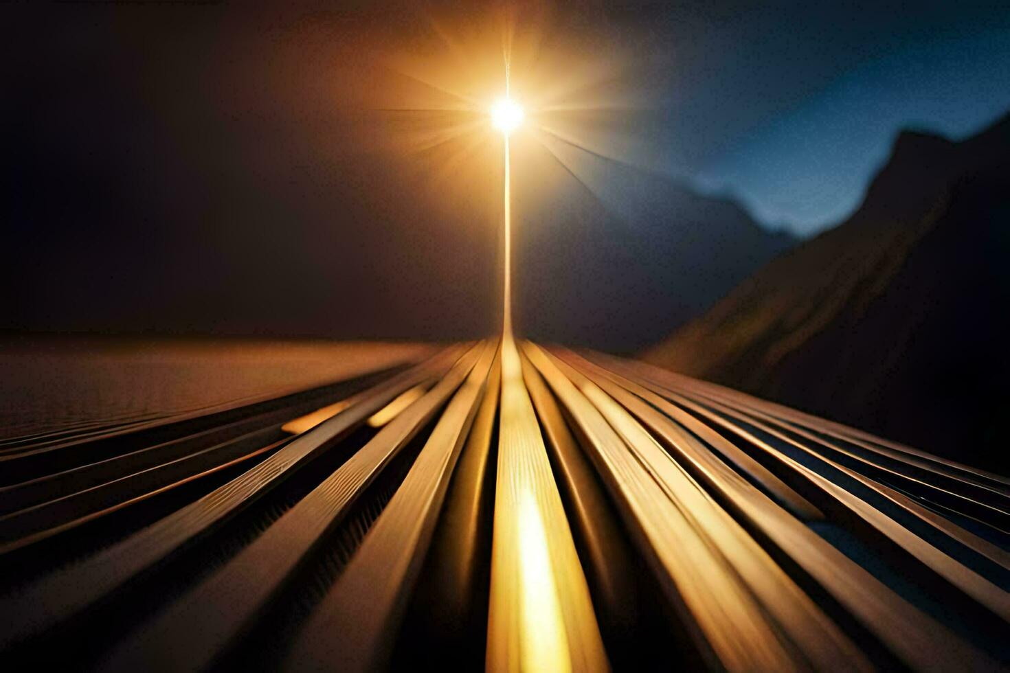 a train track with a light shining on it. AI-Generated photo