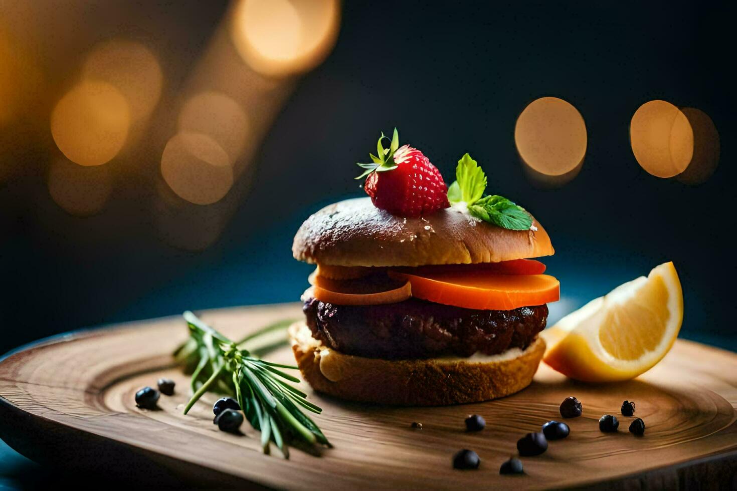 a hamburger with a strawberry and a slice of lemon. AI-Generated photo