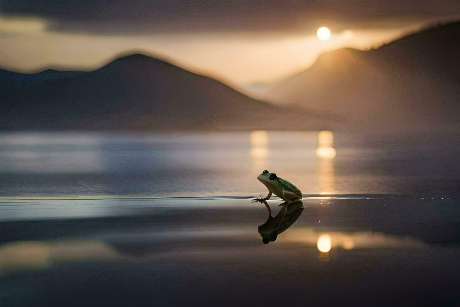 a frog sitting on the shore of a lake at sunset. AI-Generated photo