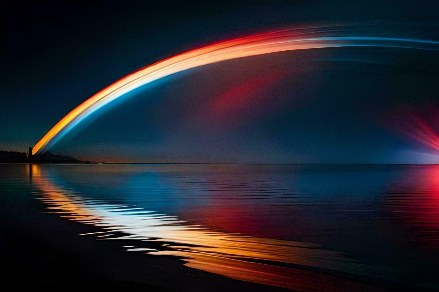 a rainbow is reflected in the water at night. AI-Generated photo