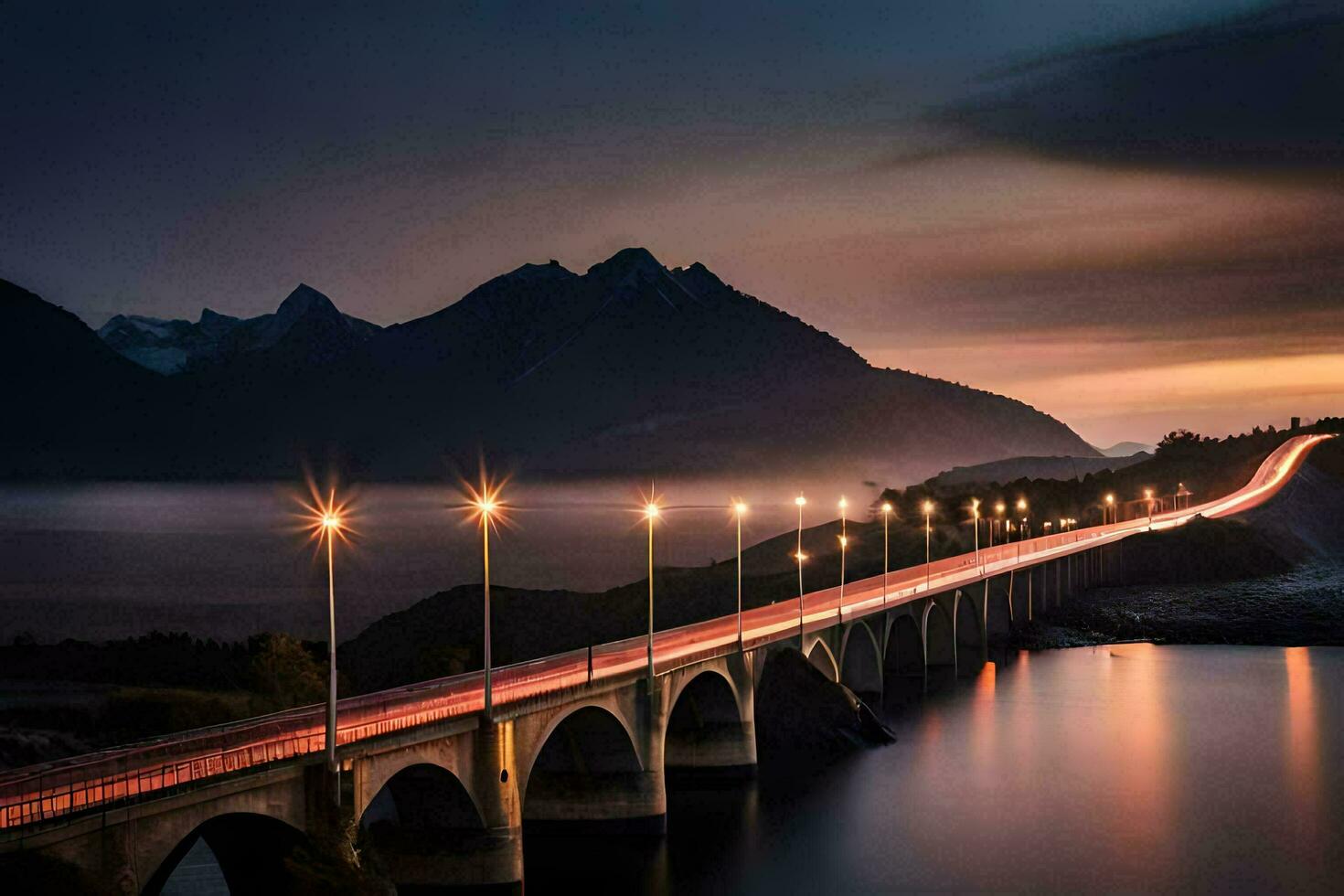 un puente terminado agua a oscuridad con montañas en el antecedentes. generado por ai foto