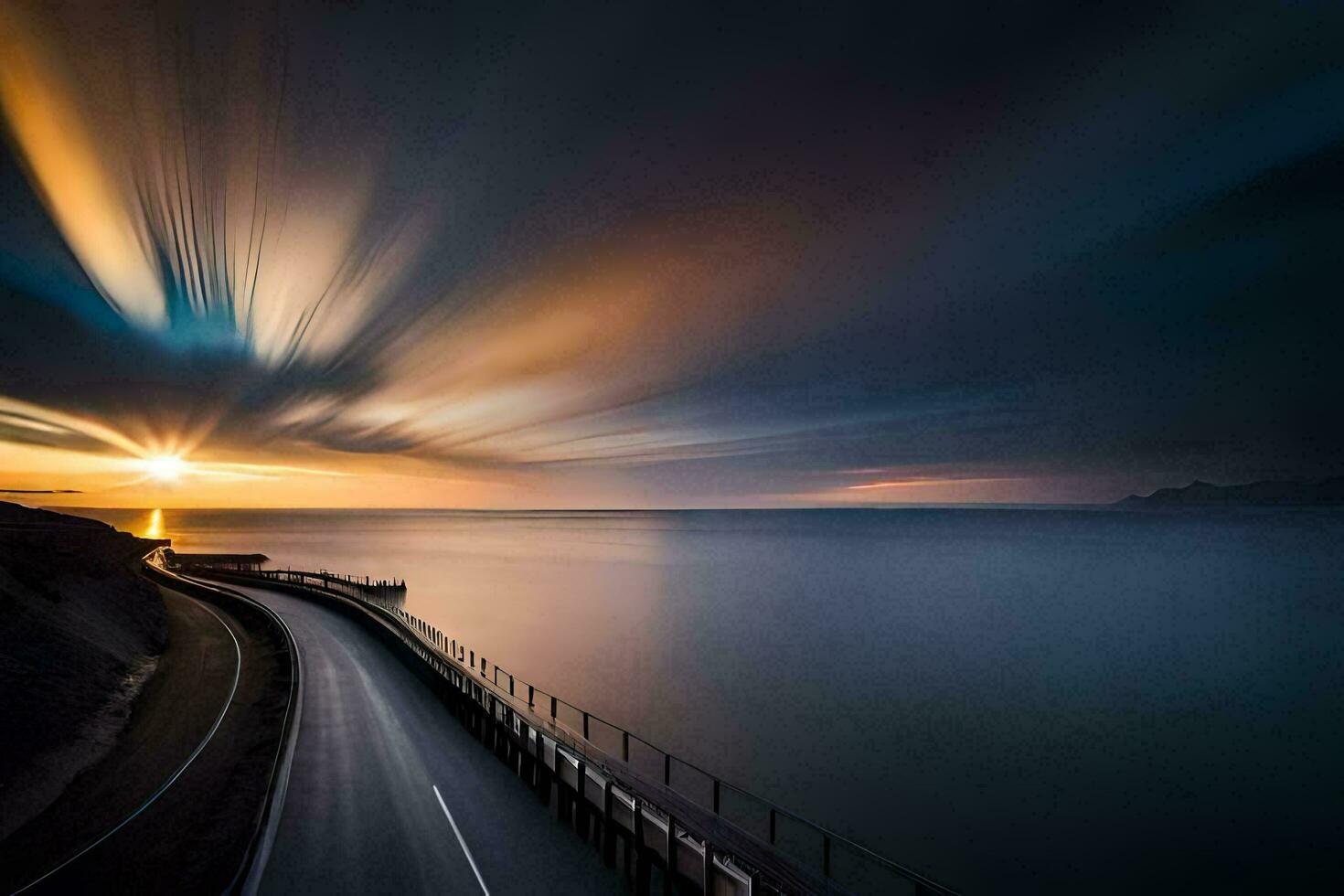 a long exposure photograph of a road and the ocean at sunset. AI-Generated photo