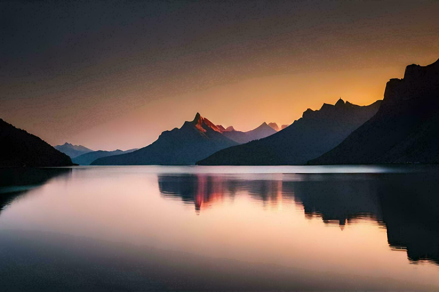 the mountains are reflected in the water at sunset. AI-Generated photo
