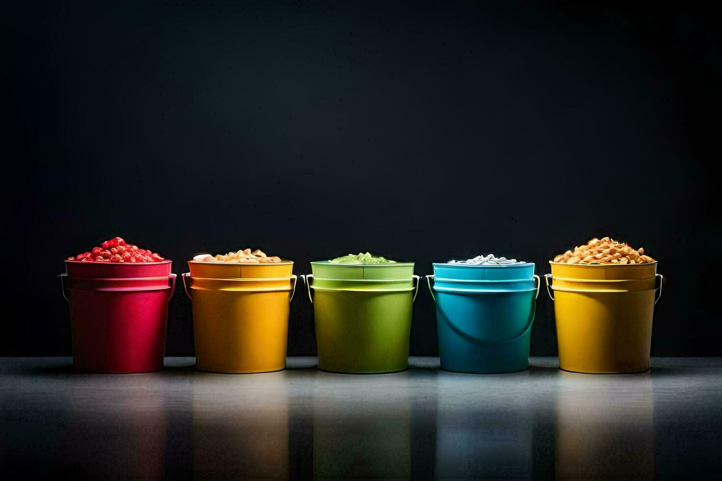 five buckets of different colored food on a dark background. AI-Generated photo