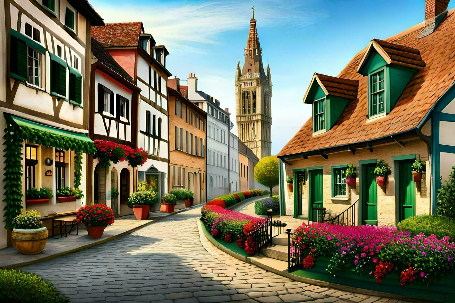 a street in a european city with colorful buildings. AI-Generated photo