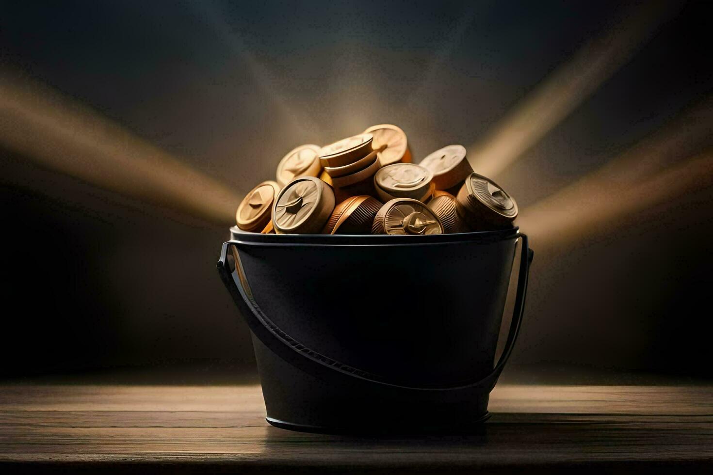 a bucket filled with coins on a wooden table. AI-Generated photo