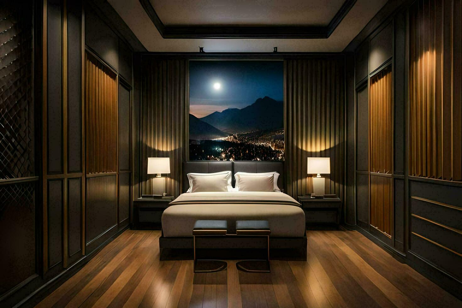 a bedroom with a large bed and a mountain view. AI-Generated photo