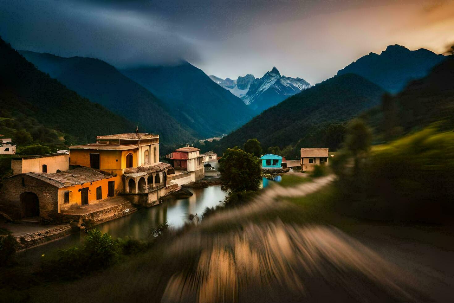 a blurry photo of a village in the mountains. AI-Generated
