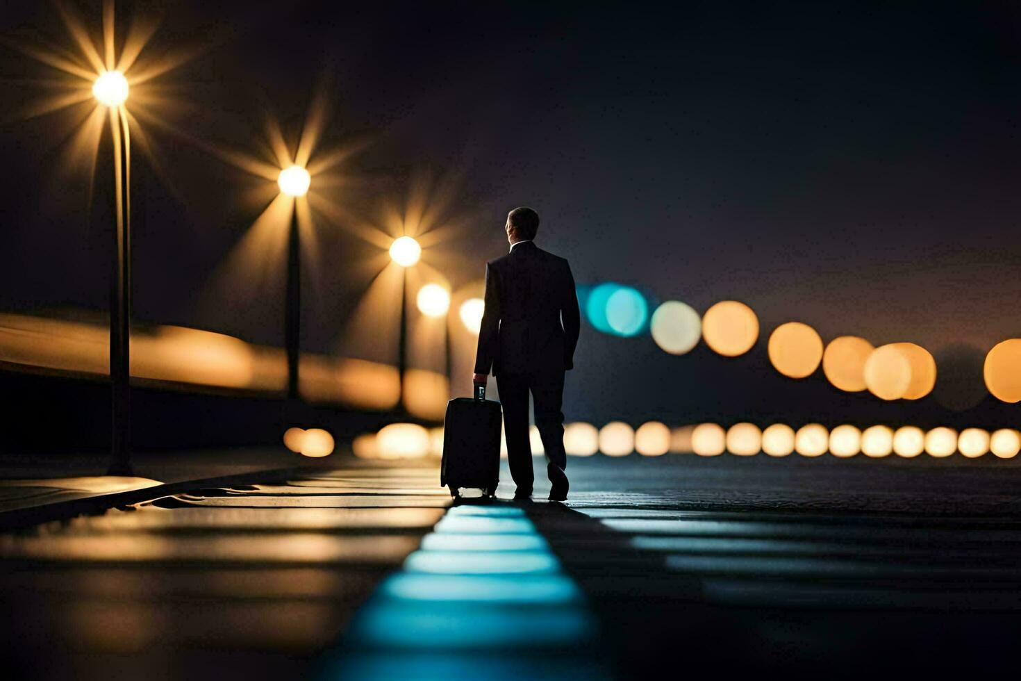 a man in a suit is walking on a road at night. AI-Generated photo