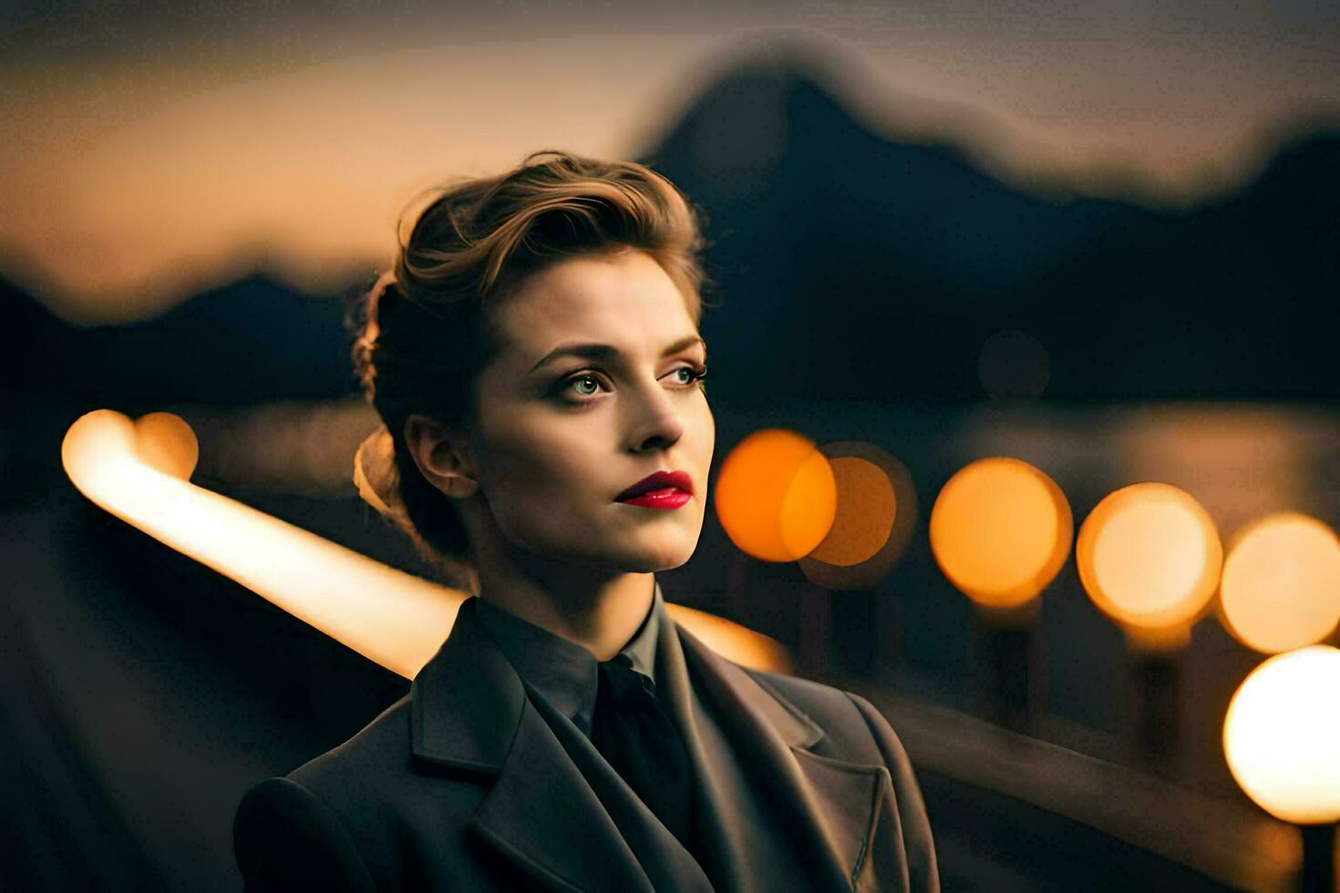 a woman in a suit and red lipstick is standing in front of a bridge at night. AI-Generated photo
