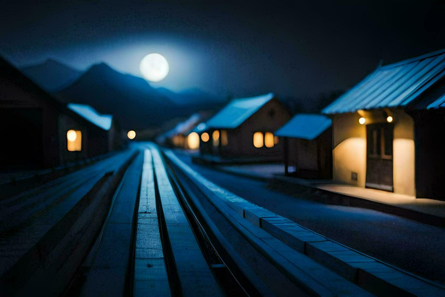 a train track at night with a moon in the sky. AI-Generated photo