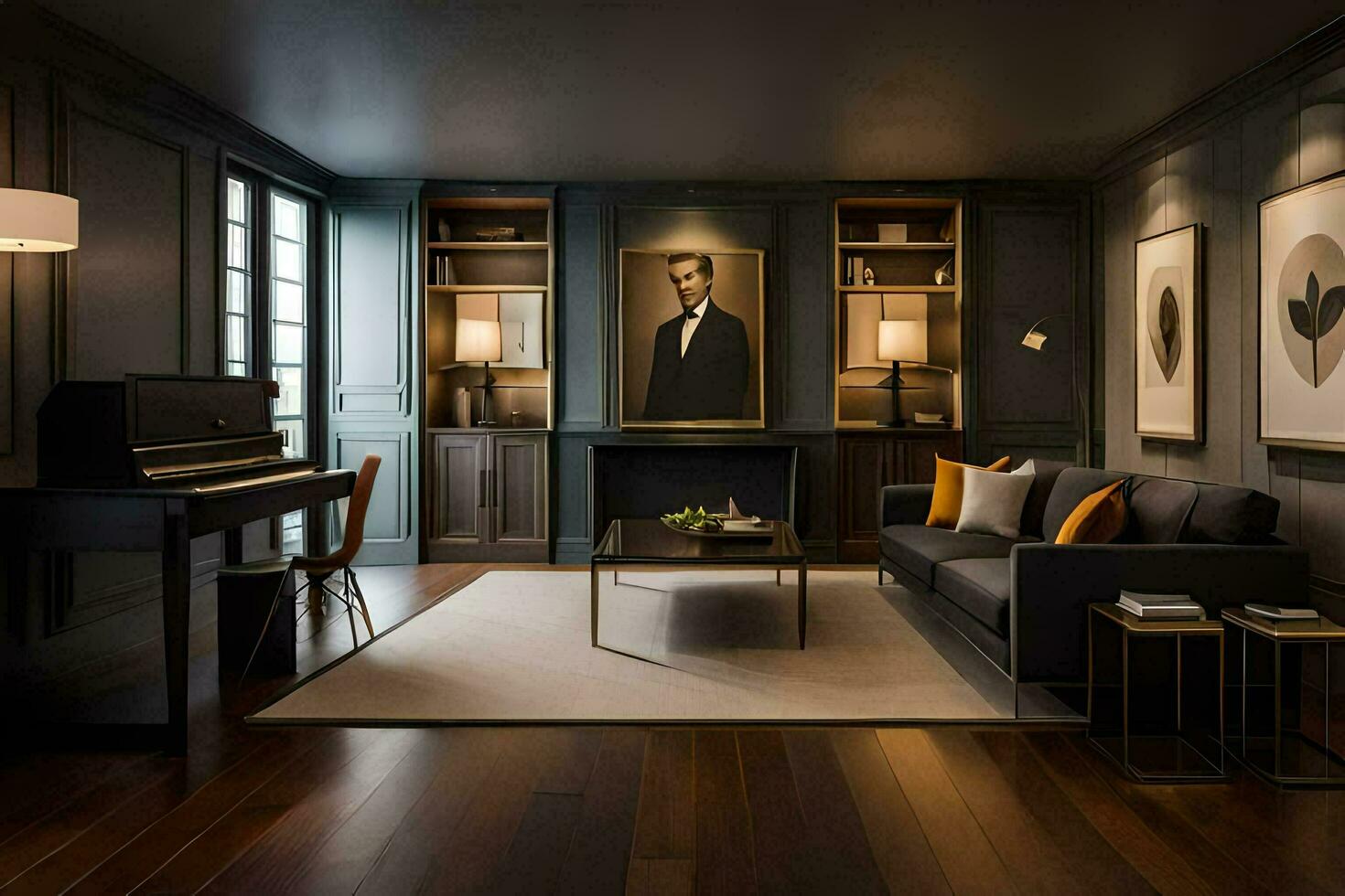 a living room with dark wood floors and a piano. AI-Generated photo