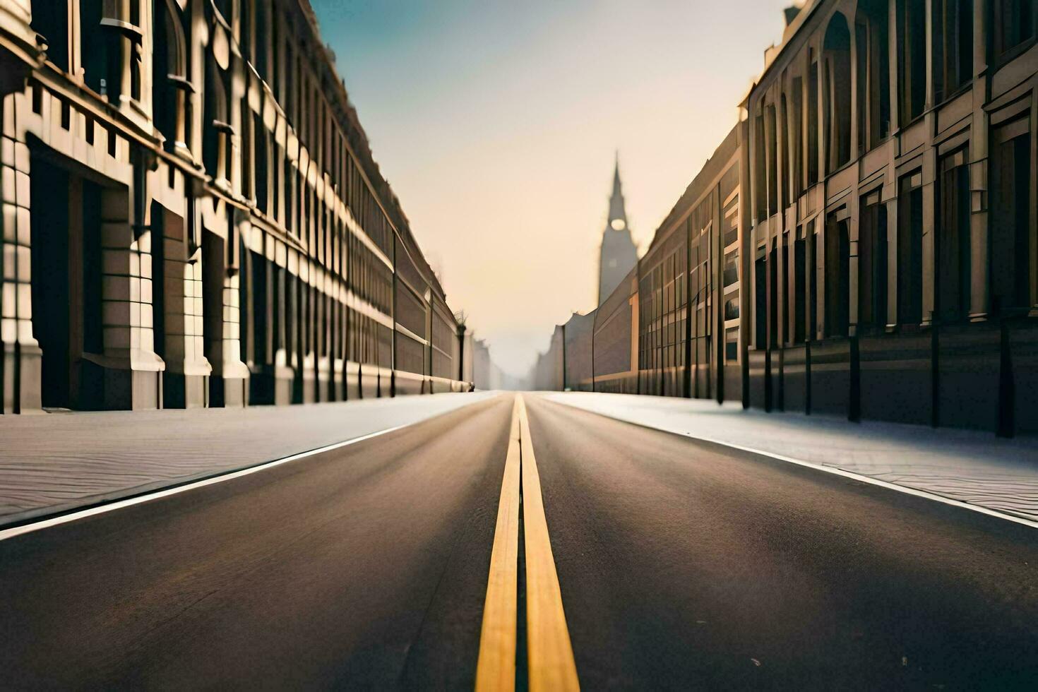 un vacío calle con un amarillo línea en él. generado por ai foto