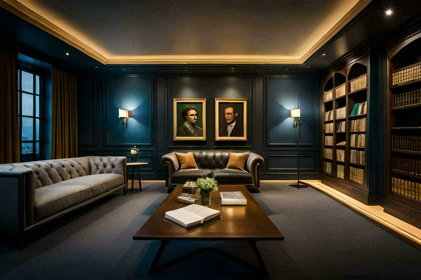 the library room at the hotel. AI-Generated photo