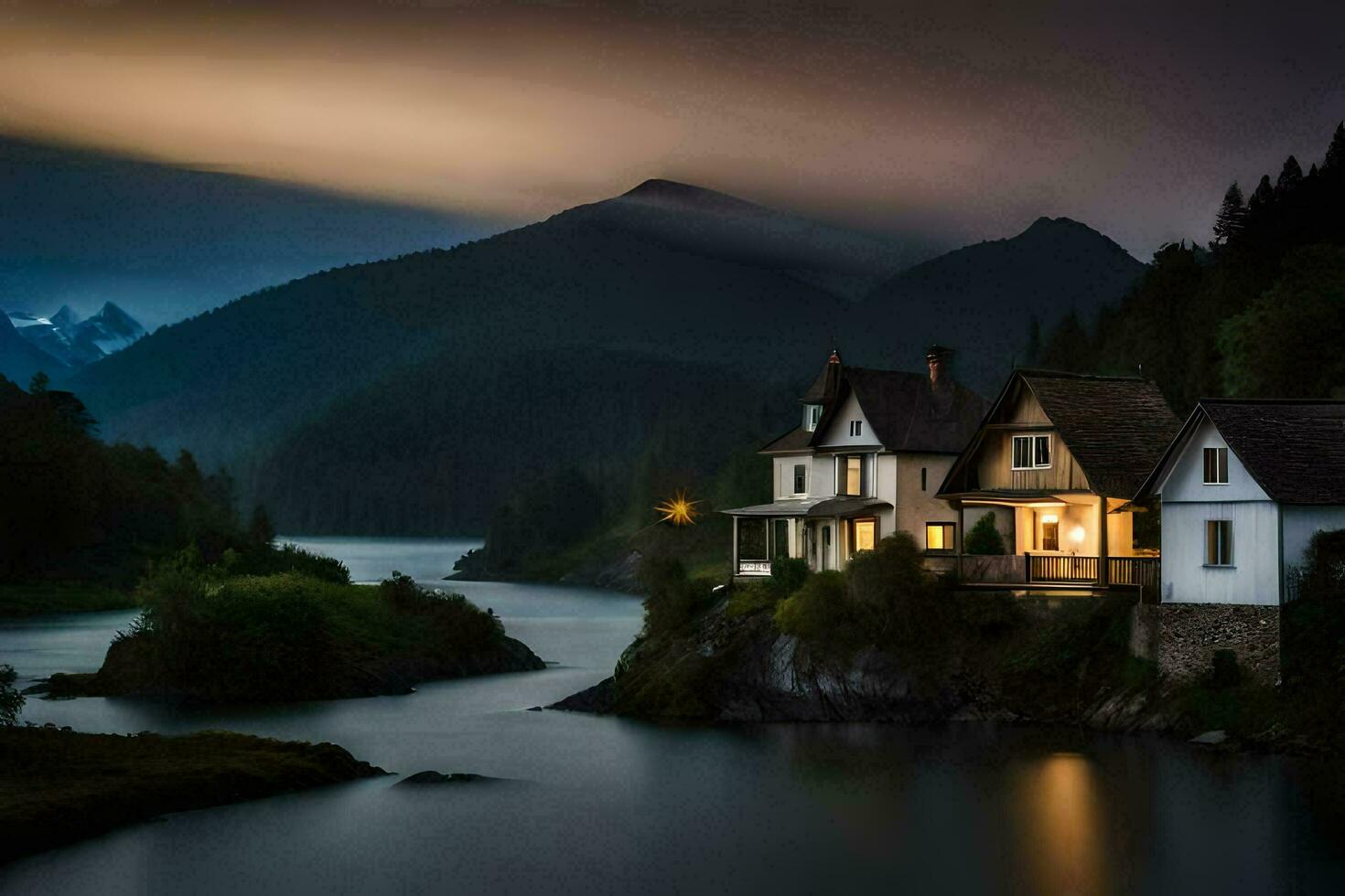 a house sits on the edge of a lake at night. AI-Generated photo
