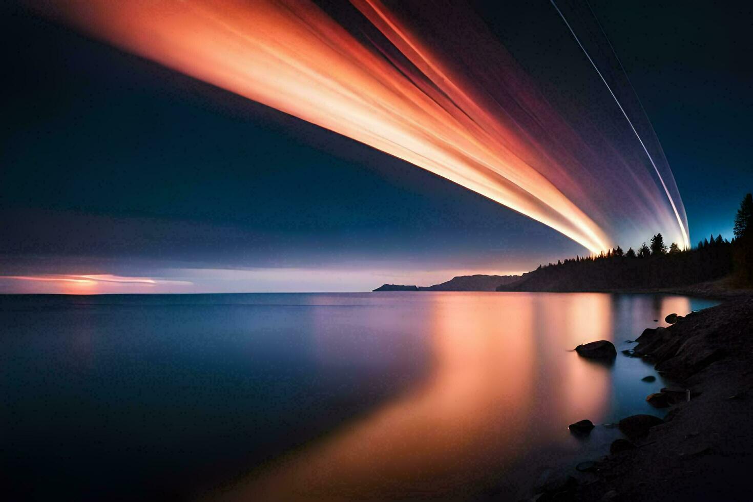 a long exposure photograph of a long streak of light over the water. AI-Generated photo