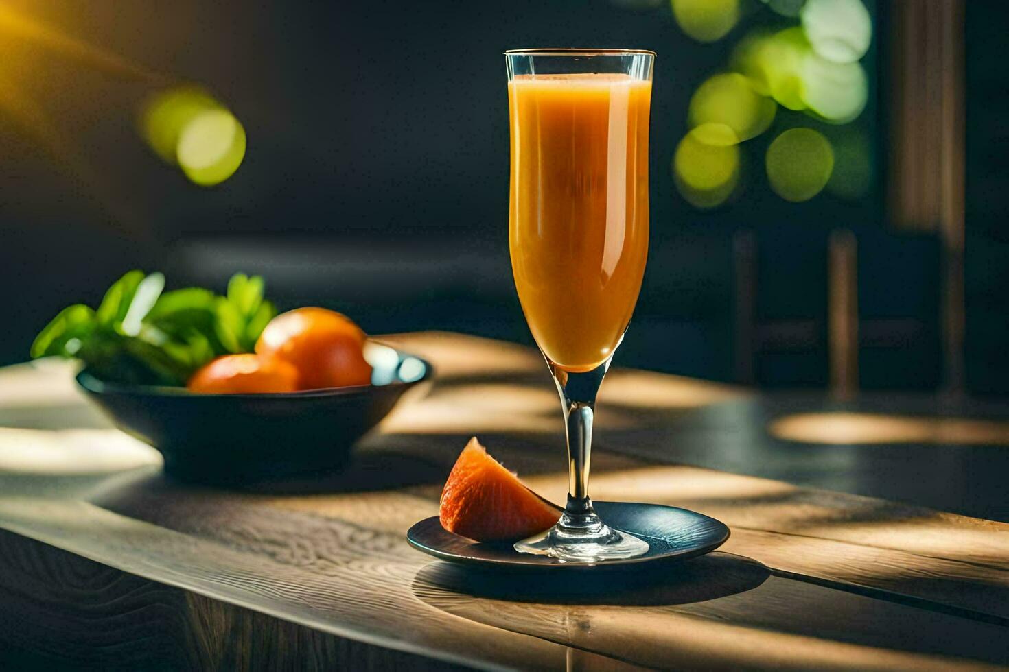 an orange juice drink on a wooden table. AI-Generated photo