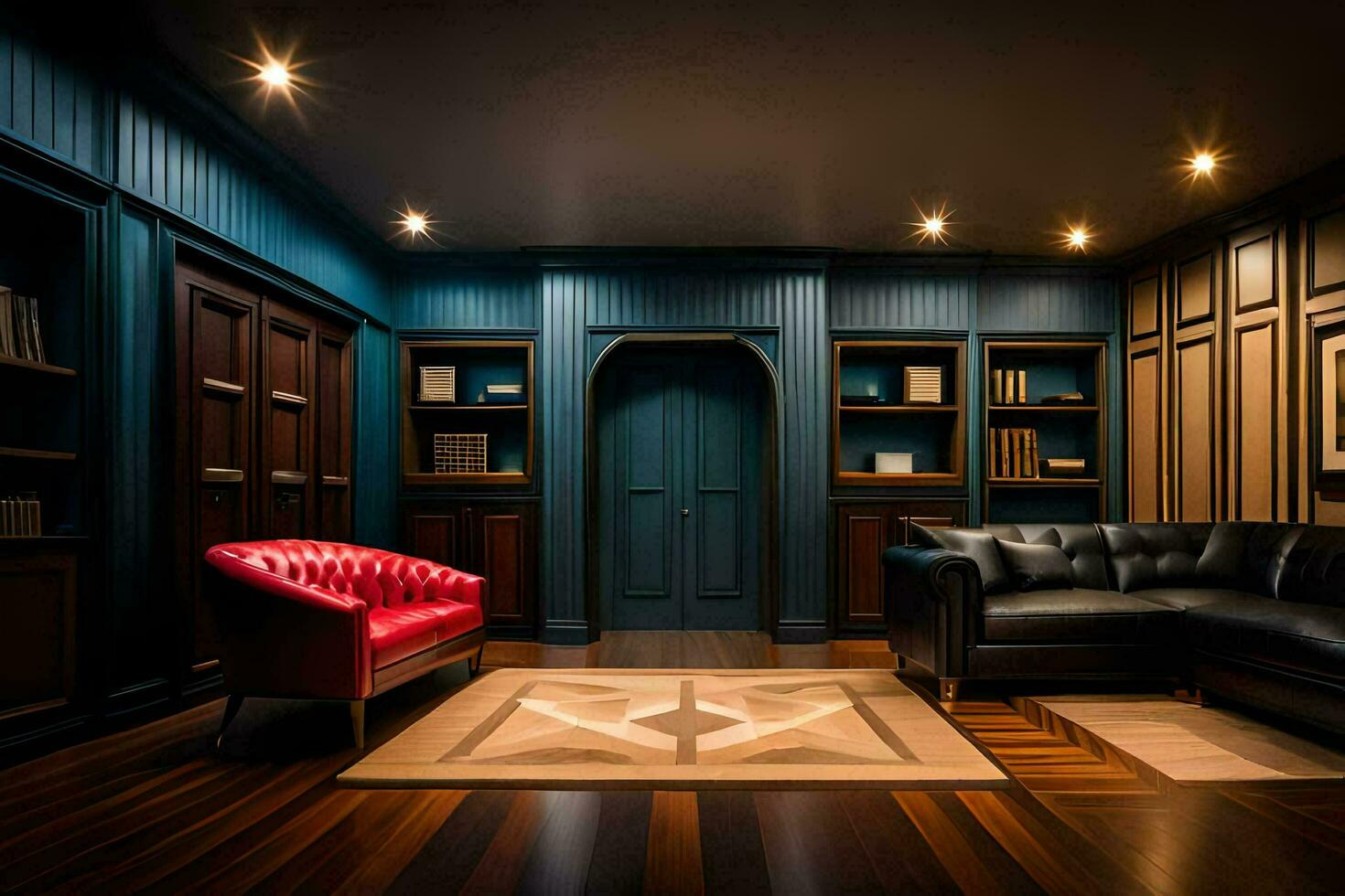 un habitación con un negro cuero sofá y rojo silla. generado por ai foto