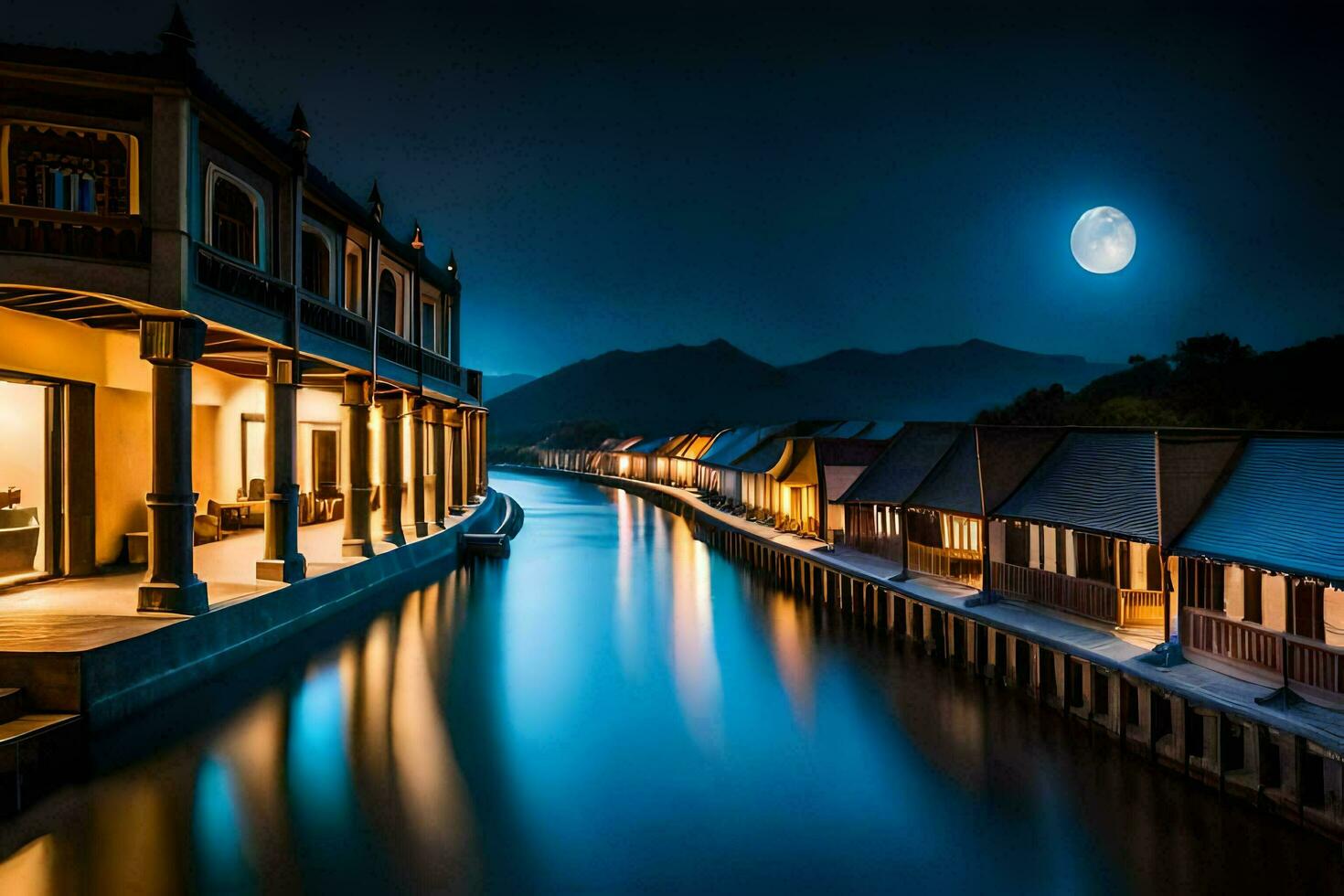 a river at night with houses and a full moon. AI-Generated photo